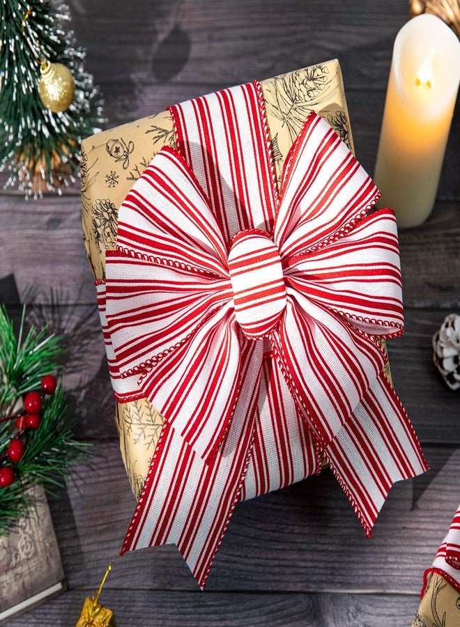 Whaline 2 Rolls Christmas Wired Edge Ribbon Christmas White Red Striped Fabric Ribbon Farmhouse Craft Ribbon for DIY Gift Wrapping Wreath Floral Arrangement Bow Decoration,2.5 Inch x 12 Yard - Image 5